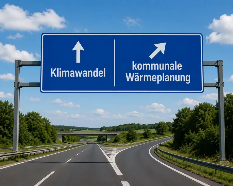 Autobahnschild zur Ausfahrt "kommunale Wärmeplanung"