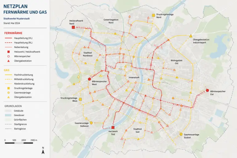 Das Bild zeigt einen Netzplan für Gas- und Fernwärme für eine beliebige StTadt.